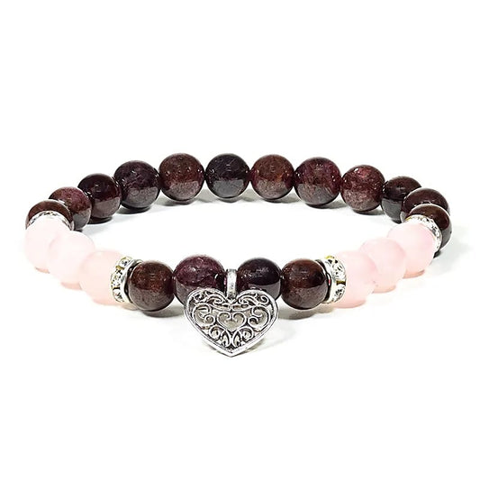 Bracelet garnet/rose quartz with heart